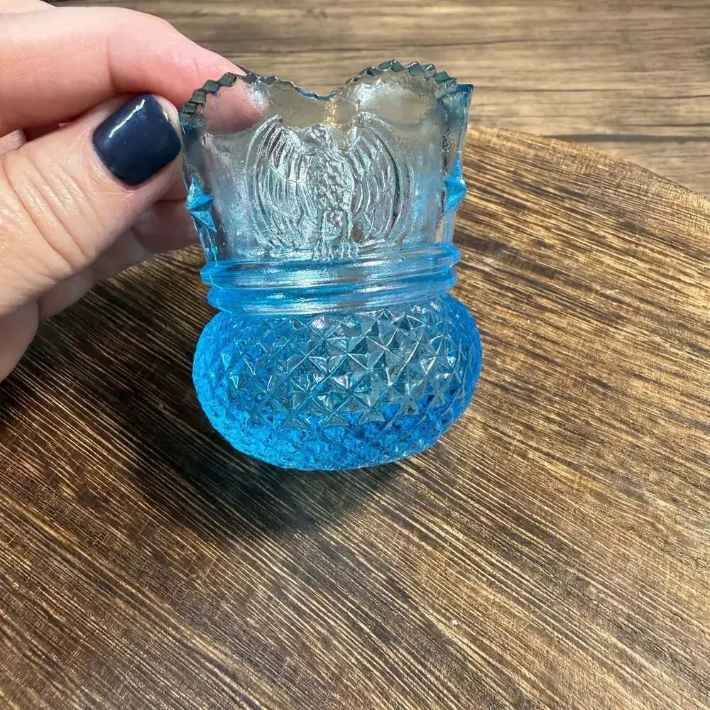 Albert Botson Blue Glass Toothpick Holder Eagles and Stars Pattern GLOWS